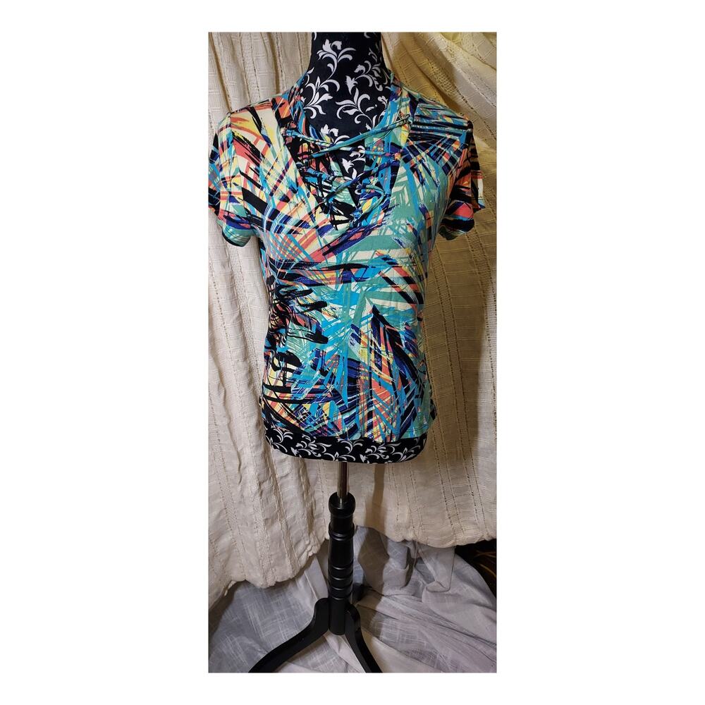 Vintage Rafaella Multicolor Geometric Tee with V Neck Laced Neckline Size Med